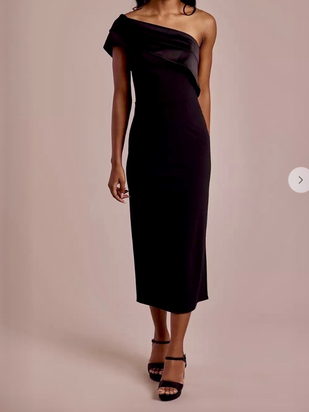 Black One-Shoulder Satin and Crepe Midi Sheath Dress - Picture 3 of 3